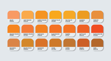 Orange Color Palette, with Color Names. Catalog Samples Orange with RGB HEX codes and Names. Metal Colors Palette Vector, Wood and Plastic Orange Color Palette, Fashion Trend Orange Color Palette