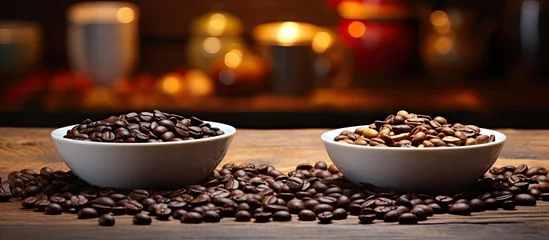 Gordijnen Rich Aroma: Two Bowls Filled with Fresh Coffee Beans Resting on a Rustic Wooden Table © vxnaghiyev