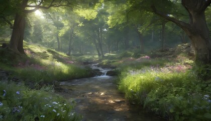 Visualize A Tranquil Woodland Glen With A Bubbling - obrazy, fototapety, plakaty