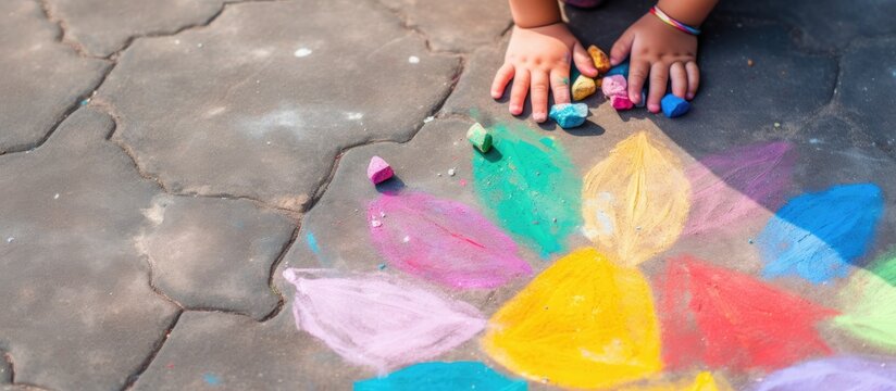 Creative Child Enjoying Colorful Spring Fun Painting Sidewalk with Chalk
