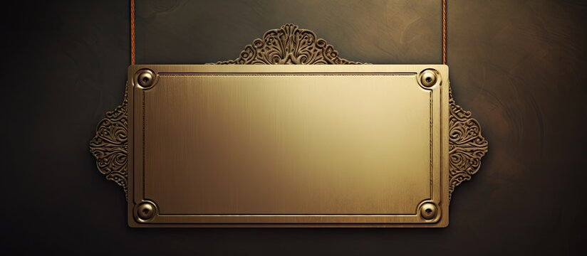Elegant Gold Plaque with Intricate Metal Frame Set Against Sleek Black Background