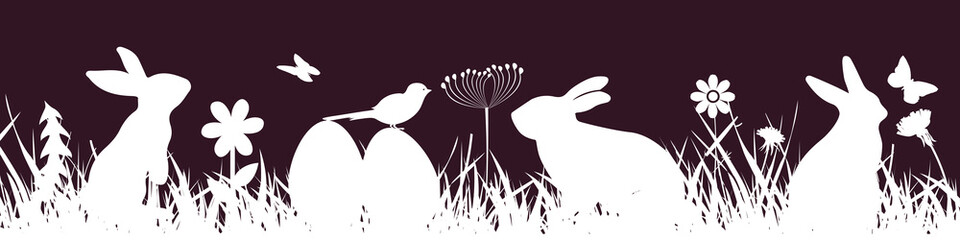Easter banner background, Easter bunny or rabbit in the green meadow with Easter eggs, concept with butterfly and birds – vector - 755030509