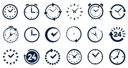 Time and clock icons set, stopwatch, timer, , time management concept, fast stopwatch line icon, watch icon, black clock sign collection, speed clock symbol - 755030529