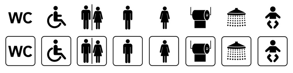 Toilet icons set, toilet signs, WC signs collection, male female restroom, handicap wheelchair access, baby changing room - obrazy, fototapety, plakaty