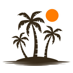 Palm tree silhouettes sign on sun beach, sunset on island, two palm and sun logo icon - 755030550