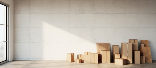 An empty room filled with numerous cardboard boxes scattered across the floor, along with a lone picture frame leaning against a wall. The scene suggests a relocation or moving concept.