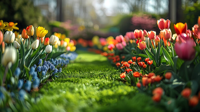 Beautiful well-kept spring garden. The green lawn emphasizes the full bloom of flowers in the mixborder. Diverse floral spectrum of tulips, daffodils, hyacinths