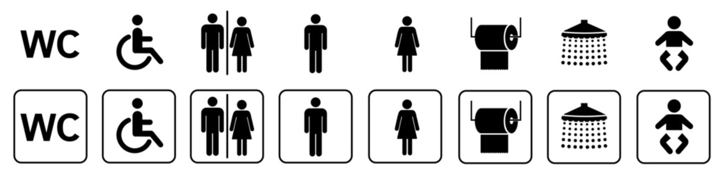 Toilet icons set, toilet signs, WC signs collection, male female restroom, handicap wheelchair access, baby changing room