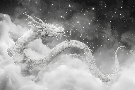 A celestial dragon, ethereal and wise, floats above the clouds. Its serpentine body twists, forming constellations. Stars trail behind it, leaving stardust in its wake.
