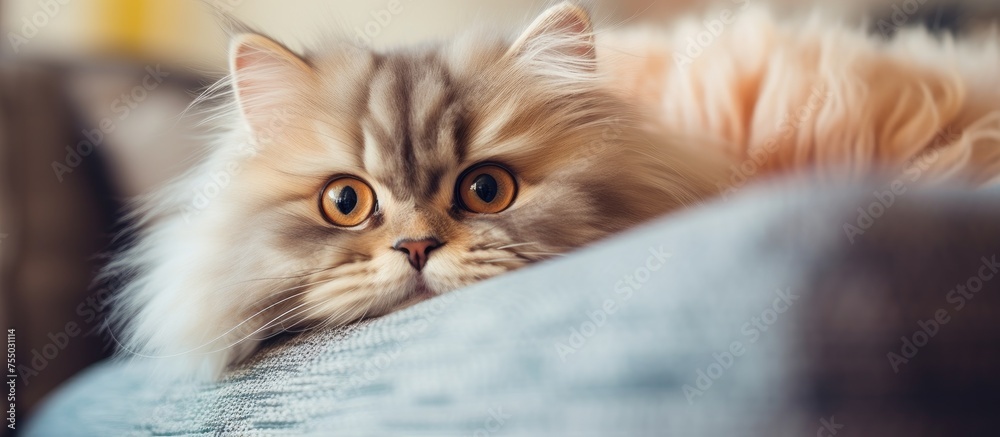 Poster serene tabby cat rests comfortably on plush couch in cozy home setting