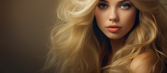 Fototapeta premium Captivating Young Woman with Flowing Blonde Hair in Natural Beauty Portrait