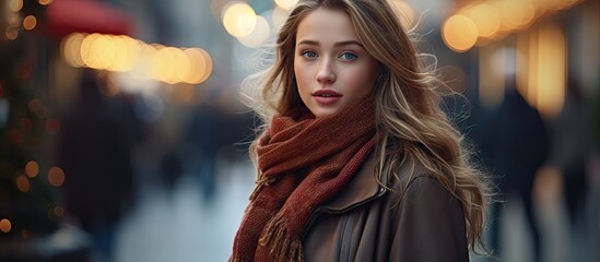Fototapeta premium Chic Young Woman Embracing Autumn Season with Stylish Scarf and Long Blonde Hair