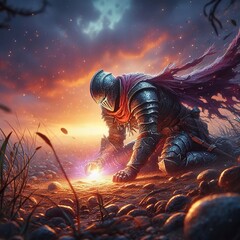 Ethereal Knight’s Dusk: Valor and Enchantment Amidst Shadows