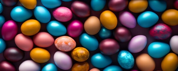 Fototapeta na wymiar Colourful background of chocolate easter eggs collection banner, Easter concept