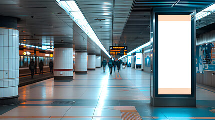 Blank mock up for vertical poster advertising; 6 sheet digital display in MRT station; OOH out of...