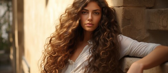 Fototapeta premium Serene Woman with Long Hair Leaning Gracefully Against a Textured Wall