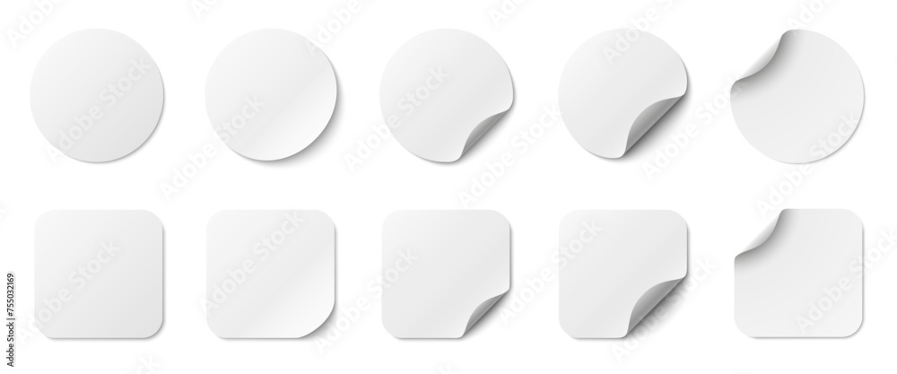 Poster paper stickers circle and square with rounded edges adhesive. white tags, paper round stickers with 