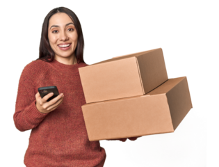 Young Caucasian woman with boxes and phone