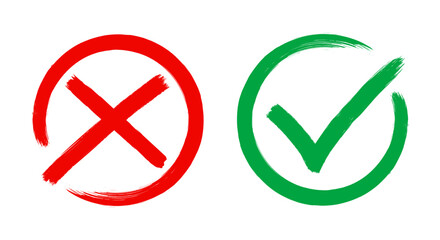 Check mark, tick and cross brush signs, green check mark OK and red X icons, symbols YES and NO button for vote, decision, election choice - vector - 755032167