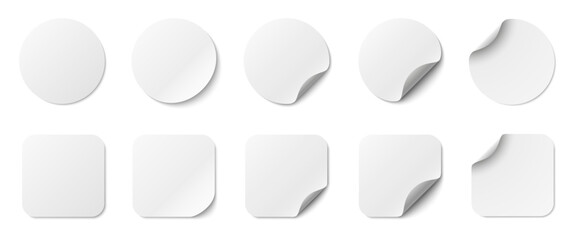 Paper stickers circle and square with rounded edges adhesive. White tags, paper round stickers with peeling corner and shadow, isolated rounded plastic mockup, realistic set round paper curved corner - 755032169