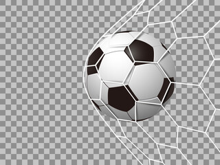 Soccer ball in net isolated, realistic soccer ball hitting the net, football ball in goal net on a transparent background