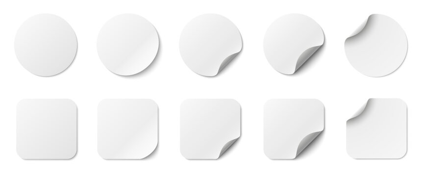 Paper stickers circle and square with rounded edges adhesive. White tags, paper round stickers with peeling corner and shadow, isolated rounded plastic mockup, realistic set round paper curved corner