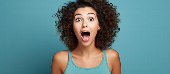 Young Woman with Curly Hair Displays Amazement and Surprise in Expressive Facial Expression - obrazy, fototapety, plakaty