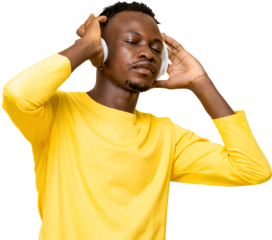 Young African man listening to music with eyes closed while holding headphones PNG file with no background