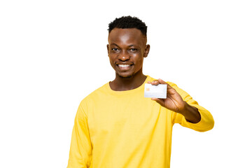 Smiling African man in casual attire holding credit card PNG file with no background