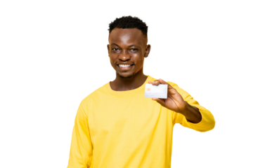 Smiling African man in casual attire holding credit card PNG file with no background