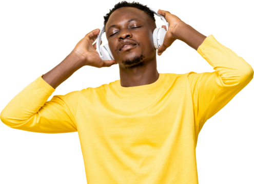 Young African man listening to music with eyes closed while holding headphones PNG file with no background