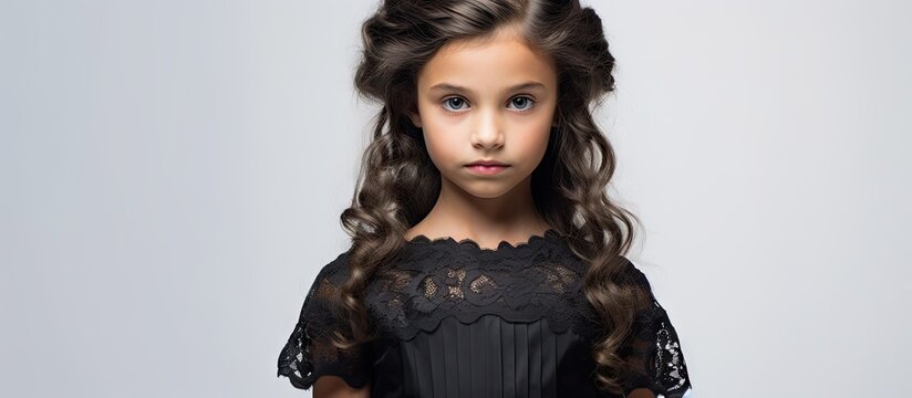 Captivating Portrait of a Young Girl in a Elegant Black Dress with Flowing Long Hair