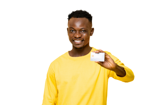 Smiling African man in casual attire holding credit card PNG file with no background