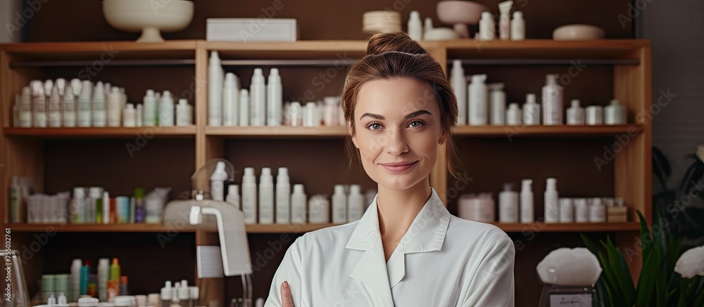 Poster confident female scientist examining bottles in laboratory setting
