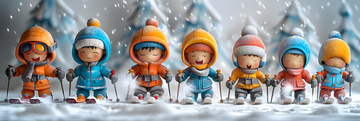 A 3D animated cartoon render of a group of children skiing and racing down snowy slopes.