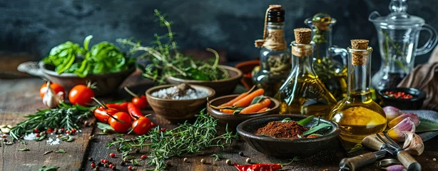 Fototapete Rund Healthy ingredients of various food ingredients with oil and spice bottles and flavor herbs on dark rustic table © neirfy