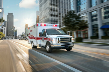 Ambulance rushes through bustling urban street with motion blur. Medical car is rushing to place of emergency care - obrazy, fototapety, plakaty