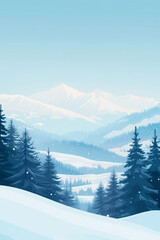 Tranquil winter scene unfolds with snow-capped pines and towering mountains set against a crisp blue sky. Minimalistic background for social media post or smartphone wallpaper