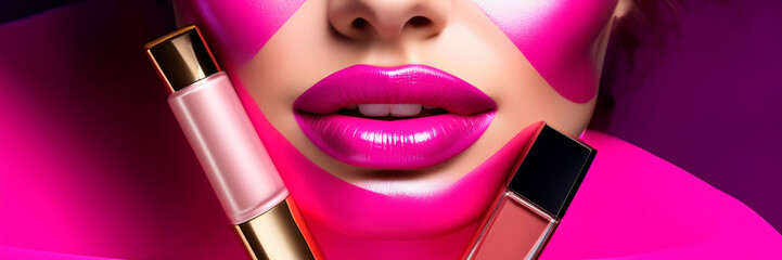 Close up view of beautiful woman lips with pink glossy lipstick. Open mouth with white teeth. Cosmetology, drugstore or fashion makeup concept. Beauty studio shot. Tube of hard pink pomade close up