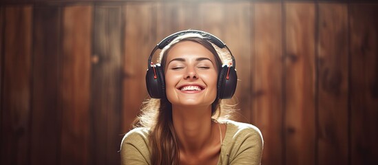Joyful woman enjoys immersive music experience through stylish headphones