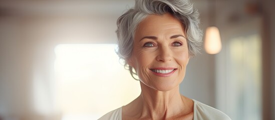 Elegant Senior Lady in White Shirt Posing Confidently with Grey Hair - Diversity and Beauty - obrazy, fototapety, plakaty