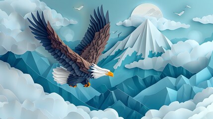 Eagle soaring over mountains in detailed illustration, To convey a sense of freedom, adventure, and power, and to serve as a striking visual element