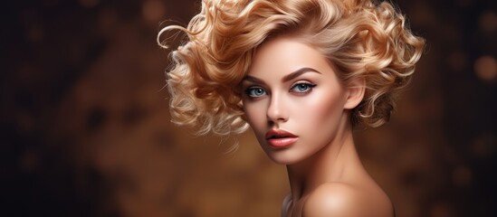 Fototapeta premium Exquisite Beauty: Portrait of a Stunning Woman with Gorgeous Curly Hair and Flawless Makeup