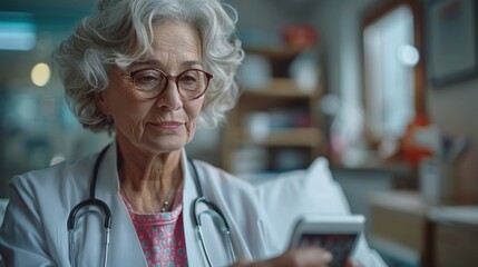 A caring doctor teaches a patient how to use a mobile healthcare app. A retired lady sitting in the exam room of a hospital examines her phone and learns how to install a health tracker for elderly - obrazy, fototapety, plakaty