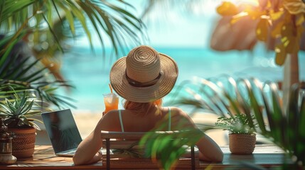 The concept of annual leave and how to prepare for a summer vacation. A barefooted employee wearing sunglasses and a swim ring sitting on a desk while drinking a cocktail is waiting for the summer - obrazy, fototapety, plakaty