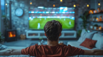 Back view of male friends watching a soccer match on a couch with a big screen TV. Men actively support their favorite team and comment on the game. - obrazy, fototapety, plakaty
