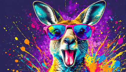 Vibrant pop art style portrait of a kangaroo wearing sunglasses with mouth open and paint...