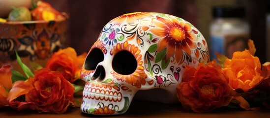 Painted human skull for Mexico's Day of the Dead (El Dia de Muertos) - obrazy, fototapety, plakaty
