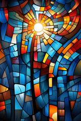 Colorful stained glass mosaic radiates with a sunburst design, blending art and craftsmanship