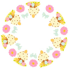 Spring Easter Illustration. Vector Easter cakes and flowers illustration mandala. Cute element for greeting cards, posters, stickers and seasonal design. Isolated on white background.